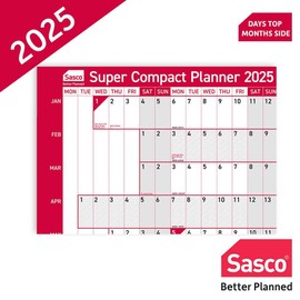 Sasco 2025 Super Compact Yearly Wall Planner, Paper Mini Whiteboard Poster Style Dry Erase Calendar, Small Wall Planner with Dry Erase Pen & Stickers, Wall Chart, Blue, 400x285mm, 2410241
