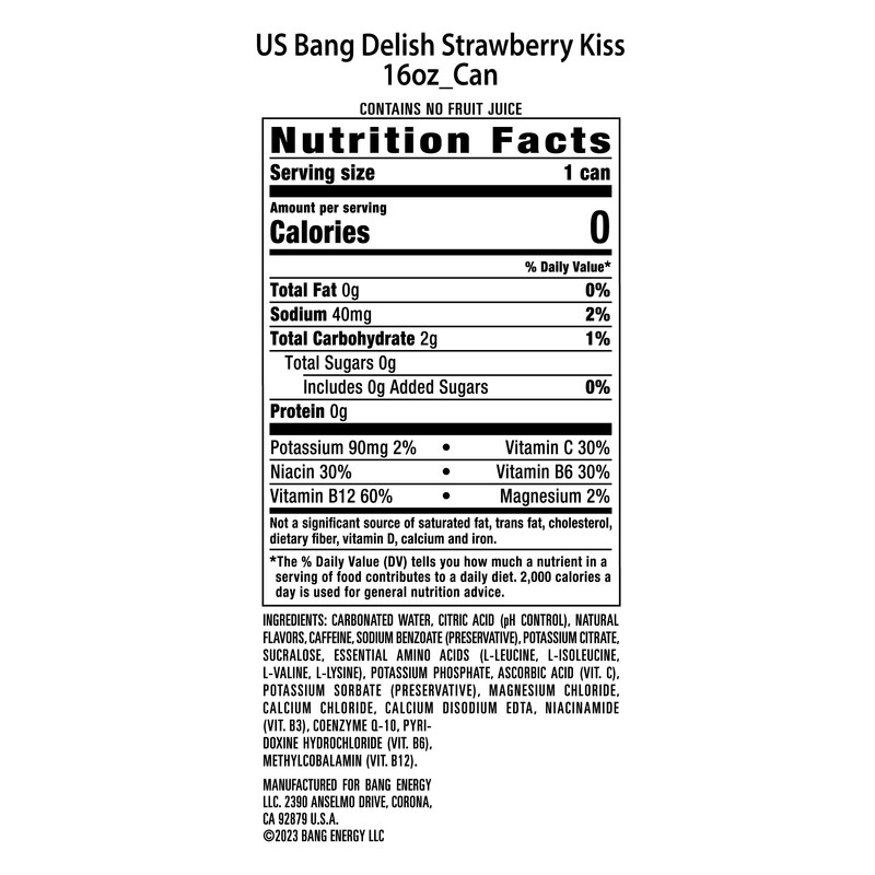 Bang Energy Delish Strawberry Kiss, Sugar-Free Energy Drink, 16 Fl