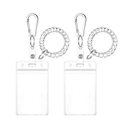 BelroseHom 2 Pack Clear ID Card Holder, PVC Clear Vertical Wrist Coil ID Badge Holder with Aluminum Multitool Carabiner Clip, Stretchable Spiral Wristband Key Ring for Outdoor Camping Cruise Office