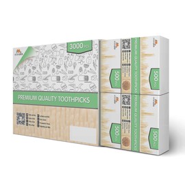 3000 Pieces Premium Bamboo Wooden Toothpicks - 6 Boxes of 500 Pieces - for Personal Hygiene, Disposable Appetizer Skewers, Cocktail Sticks or Arts & Crafts - by Mobi Lock