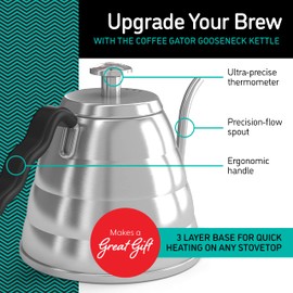 Coffee Gator Gooseneck Kettle with Thermometer - 40oz Premium Stainless Steel Pour Over Coffee Maker Kettles, Stove Top, w/Precision Drip Spout, for Drip Coffee, French Press, Tea Kettle, 5 Cup, 1.2L