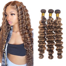 GLSMOSNW P4/27 Bundles Human Hair Brown And Blonde Highlight Ombre Bundles Deep Wave Piano Color Ombre Loose Deep Wave Hair Extensions Silky And Soft For Black Women
