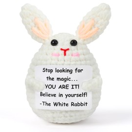 JULEASEL Mini Funny Positive Bunny Emotional Crochet Animals Rabbit Knitted Doll with Positive Card for Coworkers Best Friend Encouragement Funny Gifts for Women Men Xmas Party Decor