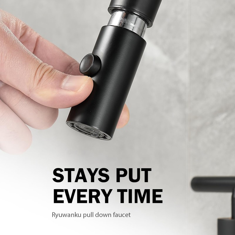 Ryuwanku Matte Black Pull Down Bathroom Faucet with Pop-up Drain,