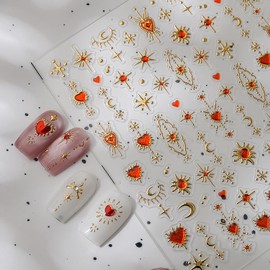 5D Embossed Heart Nail Art Stickers Red Heart Nail Decals Gold Star Nail Stickers for Nail Art with Sun Moon Design Self-Adhesive Acrylic Manicure Decorations for Women Nail Supplies