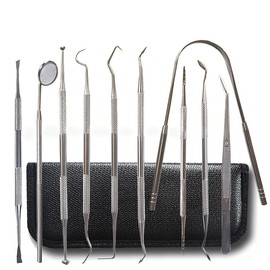 Kit de 10 Herramientas Dentales Profesionales, Acero Inoxidable, Higiene Bucal Completa: Espejo Bucal, Raspador de Sarro, Sonda, Pinzas, Limpiador de Lengua, para Eliminar Placa y Sarro con Estuche