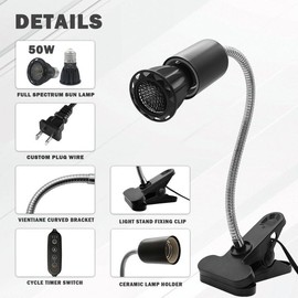 GARTO 2 Pack Reptile Heat Lamps with 360° Rotatable Clips,Cycle Timer,Aquarium Turtle Tank Basking Light for Turtle, Bearded Dragon, Lizard and More (50w)