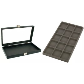 FindingKing Glass Lid Jewelry Display Case 14 3/4" w/ Gray 15 Compartment Display Tray