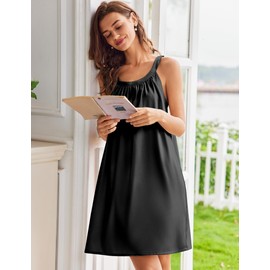 Ekouaer Silky Satin Nightgown for Women Sleeveless Sleepwear Tank Night Shirts Pleated Sleepshirt Casual Dress Black L