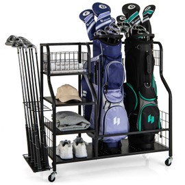 GYMAX Golf Bag Organizer, Heavy-Duty Golf Bag Stand Fits 2 Golf Bags with Golf Clubs Rack, Hooks & Lockable Wheels, Golf Storage Organizer for Garage Club and Shed, Basement