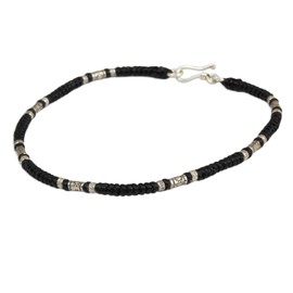 NOVICA Artisan Handmade Silver Anklet Artisan Crafted Black with Karen Hill Tribe Fine No Stone Beaded Thailand [9.75 in L 3 mm W] ' Wandering Black'
