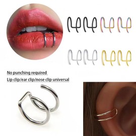 Shejuety 8-pack stainless steel double ear sleeves with non perforated clip on earrings, nose rings, lip rings, women's fashion jewelry gifts