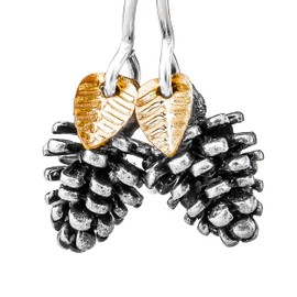 Melanie Golden Artisan Jewelry Pinecone Earrings With Leaves in Gold or Silver (925 Sterling Silver and Silver Plated Brass)