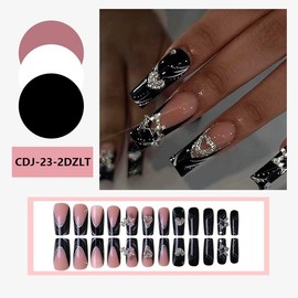 Wearable Nail Enhancement With Shaped Sparkling Diamond Fake Nails, Featuring Strong Jelly Nail Glue And Small Rubbing Strips, For Women And Girls To Enhance Their Finger Nails-24PCS (CDJ-23-2DZLT)