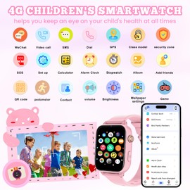 CATGIFF 4G Smartwatch Children, Children's Phone Watch with GPS, WiFi, SOS, Video Call, Voice Chat, School Mode, Games, Alarm Clock, Pedometer for Boys Girls Children's Watch Gifts 4-12 Years, Pink