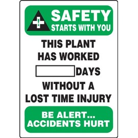 AccuformNMC Write-A-Day Dry Erase Safety Scoreboard Sign, “Safety Starts With You - This Plant Has Worked # Days Without a Lost Time Injury”, 20” x 14” Plastic Wall-Mount, Made in USA, MSR130PL
