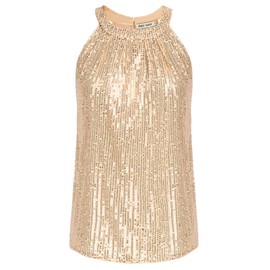 GRACE KARIN Women's Sequin Tops, Sleeveless Halterneck Camisole Tops, Party Club Tank Tops, Shirt, Cocktail Vest, Shirt, Gold sequins