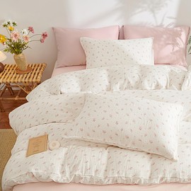Lanqinglv Muslin Bed Linen 135 x 200 cm Cotton - Flowers White Pink Cotton Bed Linen Set Cuddly Bedding Sets Aesthetic Oeko-Tex Duvet Cover and 1 Pillowcase 80 x 80 cm