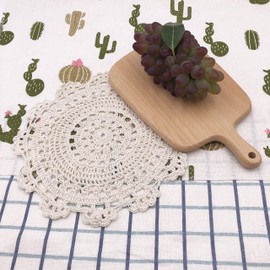 4Pcs Crochet Lace Placemat Vintage Doilies, 10 Inch Round Cotton Handmade Lace Coasters Doily Cloth Set for Kitchen Dining Room Drawing Room Party Wedding Decoration (Beige)