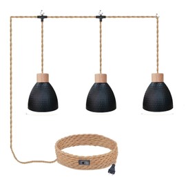 ALAISLYC 3-Light Plug in Pendant Light 22FT Industrial Hanging Lamp with Twisted Hemp Rope Independent Triple Switch Hanging Light Chandelier for Dining Room Kitchen, Black Finish