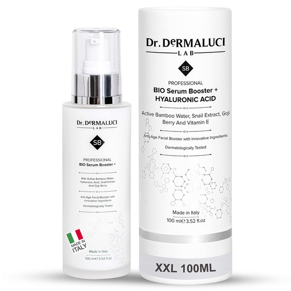 Organic Hyaluronic Serum Face 100 ml Booster Hyaluronic Acid, Bamboo Water Snail Slime Vit E Goji + Peptides Natural Beauty, Plumping, Brightening Anti-Wrinkle Moisturiser Italy