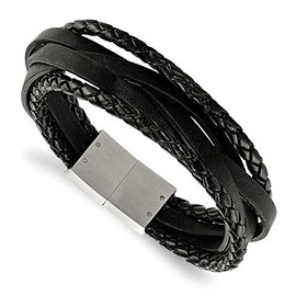 Solid Stainless Steel Men's Brushed Black Genuine Leather Braided Multi 8.25in Bracelet 8.25"