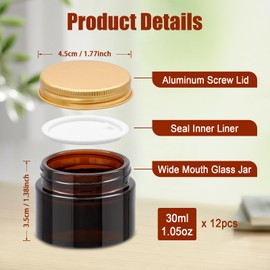 Acetiti Pack of 12 Amber Glass Empty Jars, 30 ml Empty Jars with Aluminium Screw Cap Lid, Jar Cream Jar for Filling, Glass Containers, Travel Potty Containers for Cosmetics, Creams, Lotion Essential