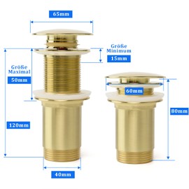 Universal Drain Fitting with Overflow, Pop-Up Drain Valve Made of Solid Brass for Sink and Washbasin, Tool-Free Installation, Brushed Gold with Overflow