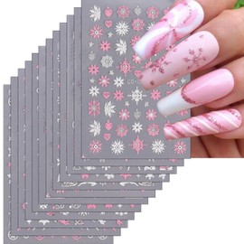 ONPRESS 12Sheet Christmas Nail Art Stickers Pink White Snowflake Nail Stickers Cute Elk Snowman Christmas Tree Nails Decals 3D Self-Adhesive Colorful Bell Nails Supplies for Women Nail Decorations