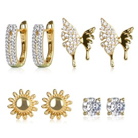 OPUHOHR 4 Pairs Earrings 18k Gold Earrings with AAA Cubic Zirconia Hypoallergenic Golden Stud Earrings for Women Girls Gifts, Zirconia