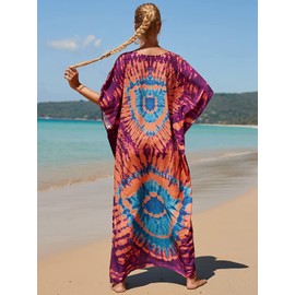 Vestido de playa tipo caftan, talla grande, para cubrir la playa, color caftán, A-18-naranja y morado, One Size-XX-Large