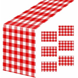 AVXINSOK 6 Pcs Red Gingham Table Runner Plastic 14 x 108 Inch Disposable Red and White Runner for Birthday Baby Shower Racing Party Decorations Checkered Table Runner