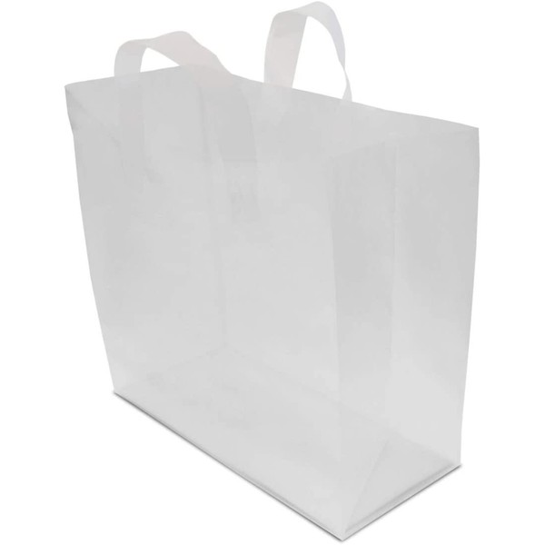 Frosted Clear Plastic Bags with Soft Strap Handles, Shopping Bags, Gift Bags, Take Out Bags with Cardboard Bottom Thick, High-Density 16x6x12x6 100 Pcs.