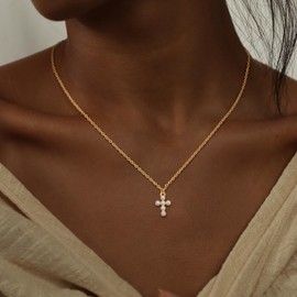 NECOCY Pearl Cross Gold Necklace for Women, Dainty 14K Gold Plated Pendant Necklace, Trendy Cross Charm Necklace Non Tarnish Simple Vintage Chain Choker Necklace Jewelry for Women