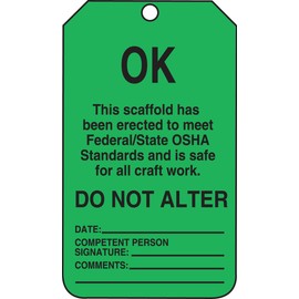 Accuform TSS103CTM PF-Cardstock Scaffold Status Tag, Legend "OK This Scaffold HAS Been ERECTED to Meet", 5.75" Length x 3.25" Width x 0.010" Thickness, Black on Green (Pack of 5)