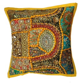 Rastogi Handicrafts Decorative Cotton Cushion Cover Embroidered Patchwork Cushion Cover Indian Traditional Handmade Yellow