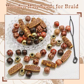 NAISKA 60Pcs Wooden Hair Beads for Braid Loc Dreadlock Jewelry Hair Tube Accessories Cute Wood Round Loose Bead Braids Decoration Jewel Making Hair DIY Craft for Women and Men