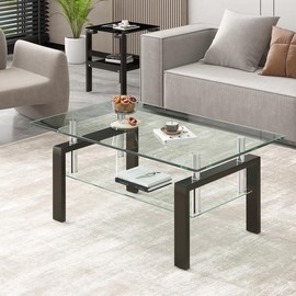 Rectangle 2-Layers Tempered Glass Coffee Table, Clear Coffee Table,Modern Side Center Tables for Living Room Furniture - Color: Transparent glass