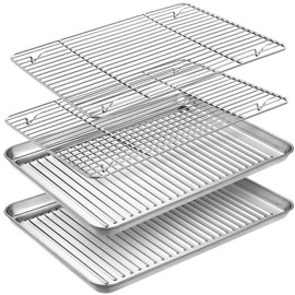 Baking Tray & Rack Set [2 Sheets + 2 Racks], Stainless Steel Non Stick Oven Tray with Rack, Large Cookie Sheet Pan for Baking Cooking, Heavy Duty, Easy Clean, Dishwasher Safe (9 x 7 x 1 inch)