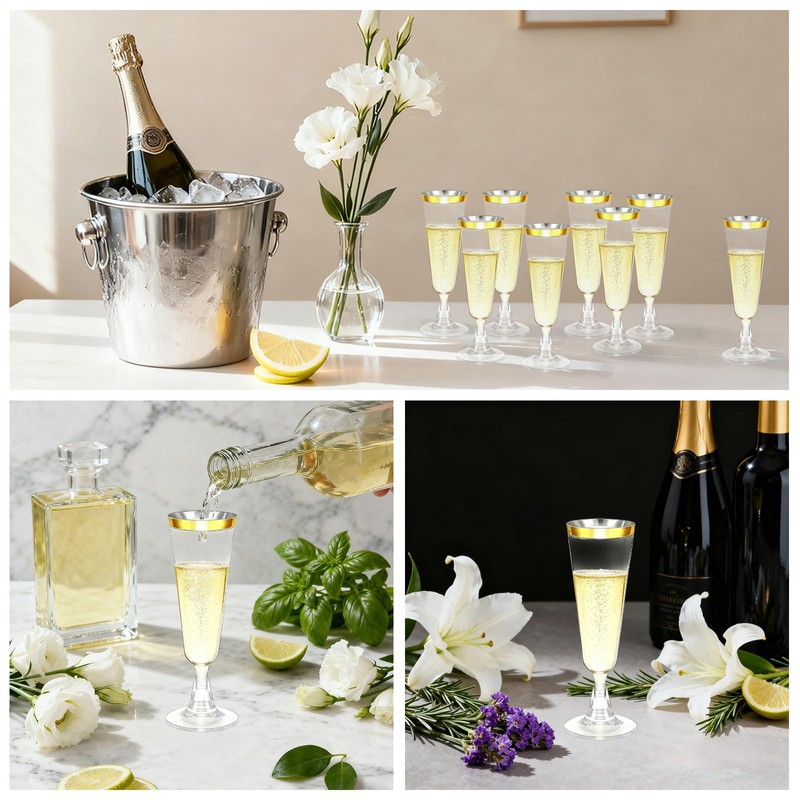 CONEHOY 220 Pcs Champagne Flutes Cups 5 Oz Gold Disposable