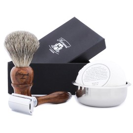 Haryali London Shaving Set - 4-Piece Wooden Shaving Set - Double Edge Safety Razor - Super Badger Hair Shaving Brush - Shaving Soap - Shaving Bowl - High-Quality Black Set