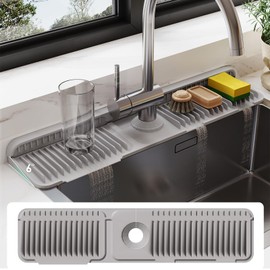 Doeklpo 24 Inch Silicone Faucet Mat for Kitchen Sink Splash Guard Behind Faucet,6Slope Sink Water Splash Guard Draining Mat for Kitchen Sink Area Faucet Mat for Bathroom Sink with Fasten Button-Gray