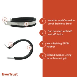EverTrust Flexigrip Stainless Steel Cable Clamps 1/4". 304 Stainless Steel with Ribbed Rubber Lining. Suitable for garden, automobile, garage, home, kitchen. Fits 1/4" or 6.4mm OD. (20 pcs)