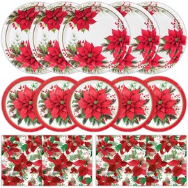 Christmas Poinsettia Tableware Set, 9.2" Paper Dinner Plates, 7" Paper Dessert Plates, 6.5" Luncheon Napkins, Christmas Poinsettia Pine Cones and Red Berries Xmas Party Decoration Set, Serves 50