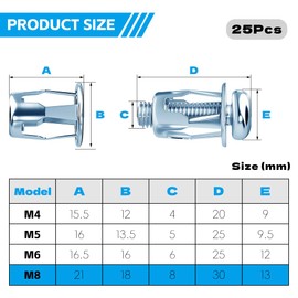 Jyvex Jack Nuts, Cavity Metal Anchors M8 x 30, Petal Expansion Nuts, Cavity Dowel Metal, Plasterboard Dowels, Metal, Dowels, Hollow Walls, Hollow Doors, Iron Sheet, Pack of 25