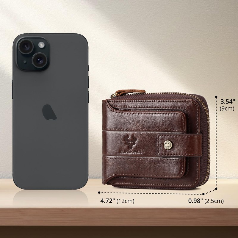 HUMERPAUL Zipper Wallets for Men, Genuine Leather RFID Blocking Bifold
