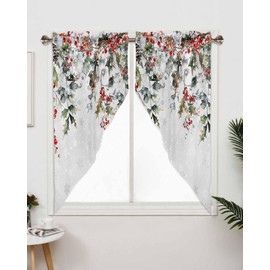 Christmas Red Berries Swag Valance Curtains for Kitchen 28"W x 36"L Green Holly Leaves Short Swag Topper for Small Windows Winter Snowflake Rod Pocket Curtains for Bedroom Bathroom Living Room