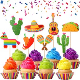 32 piezas de decoración para cupcakes de fiesta mexicana montada de cactus, burro, maraca, sombrero, guitarra, cupcakes, fiesta mexicana, fiesta de cumpleaños, decoración de pasteles