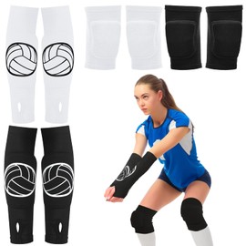 Sosation 2 Set Volleyball Knee Pads and Volleyball Arm Sleeves with Protection Pad Compression Forearm Wrist Guard with Thumb Hole Soft Breathable Pads for Hitting Passing(Black, White)