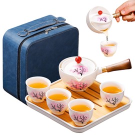 REOWONU Chinese tea set Gongfu tea set, Portable Teapot Set with 360 Rotation Tea maker and Infuser,kung fu tea set Asia tea set Travel tea set All in One leather Bag (4cups-Sakura)